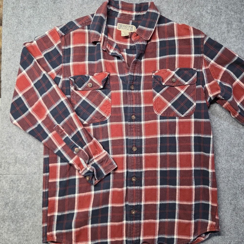 Duluth Trading Co Mens Trim Fit Flannel Shirt Large Red Navy Blue Plaid Cotton